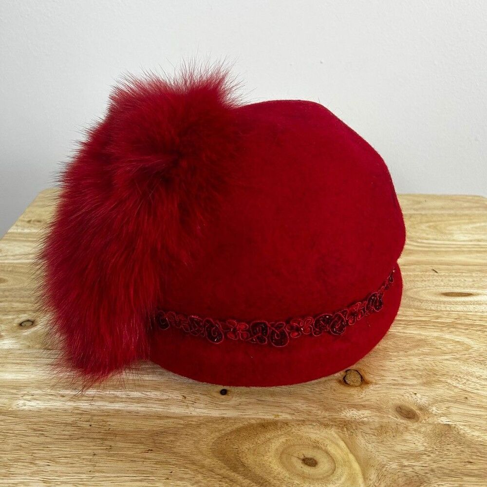 Vintage Joe Bill Miller Red Wool Cloche Hat Michael Howard Fur Pom Trim USA